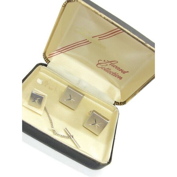 Tradition Silver Tone Cufflink Matching Tie Set Formal Wedding Tux Vintage IOB - Picture 1 of 16